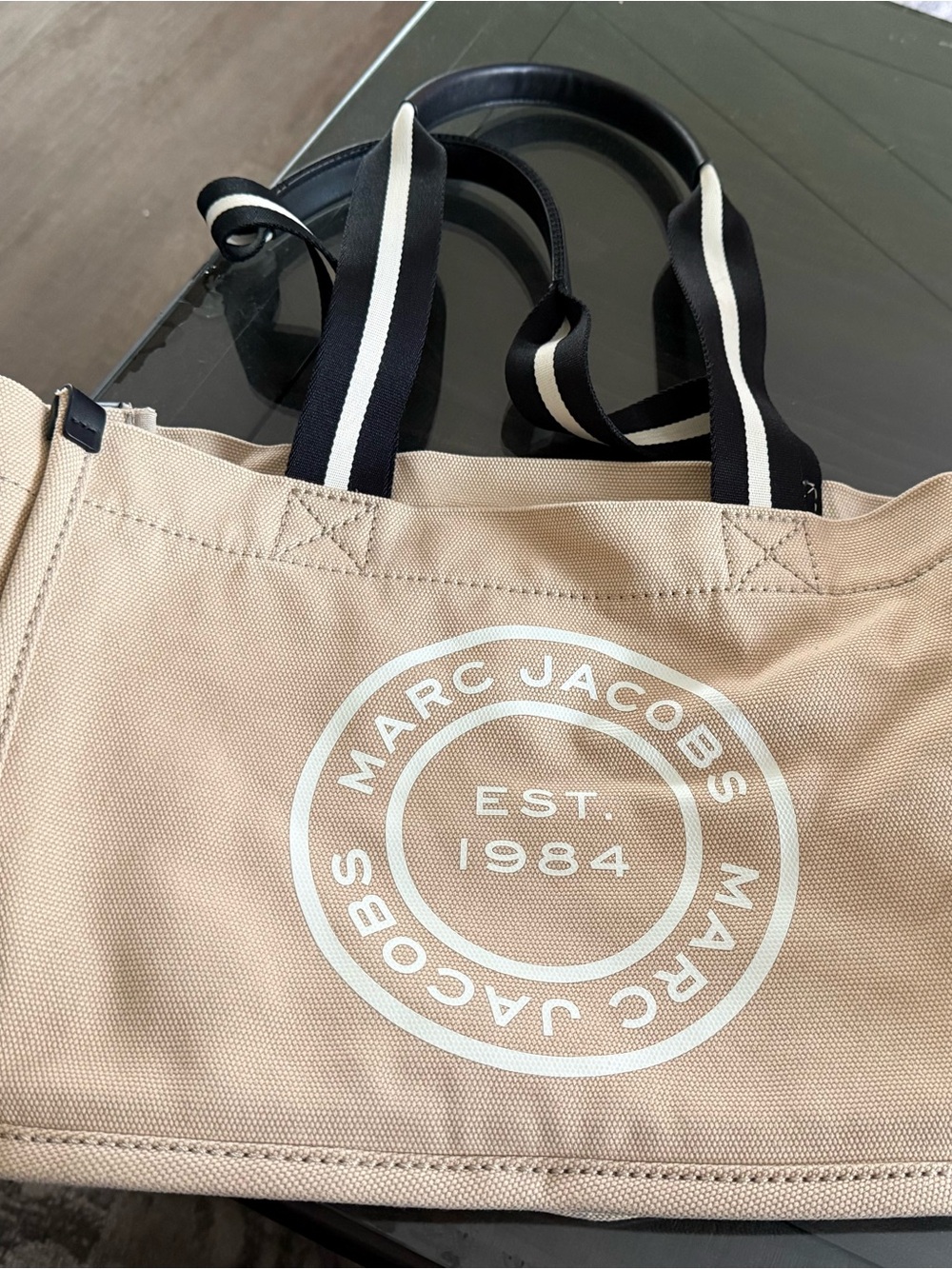 Marc Jacobs Signet Canvas medium Tote with White Logo and Black-Striped Handles